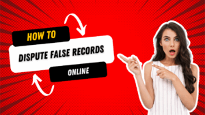 How to Dispute False Legal Records Online beside a surprised woman pointing towards the title